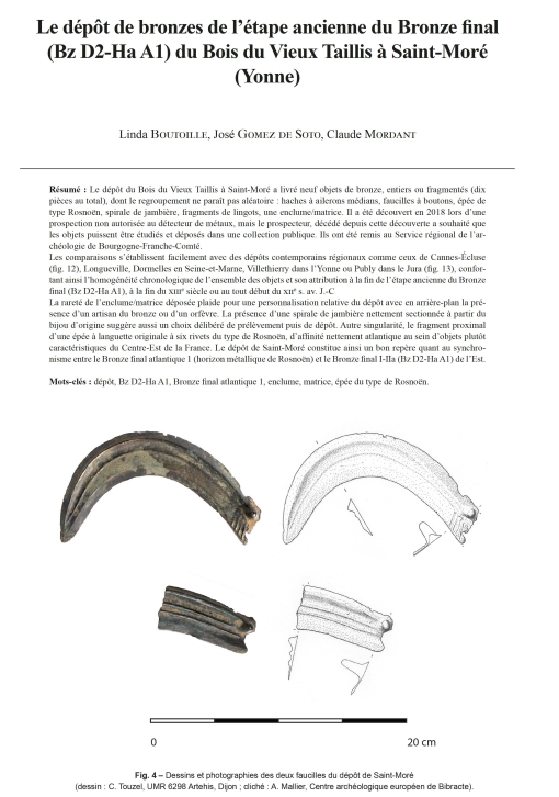 03-2026, tome 123, 1, p.55-72 - Boutoille L., Gomez de Soto J., Mordant C. (2026) � Le d�p�t de bronzes de l��tape ancienne du Bronze final (Bz D2-Ha A1) du Bois du Vieux Taillis � Saint-Mor� (Yonne)