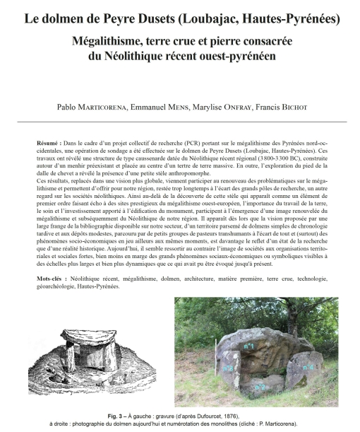 02-2023, tome 120, 1, p. 29-47 - Marticorena P., Mens E., Onfray M., Bichot F. (2023)  Le dolmen de Peyre Dusets (Loubajac, Hautes-Pyrnes) : mgalithisme, terre crue et pierre consacre du Nolithique rcent ouest-pyrnen