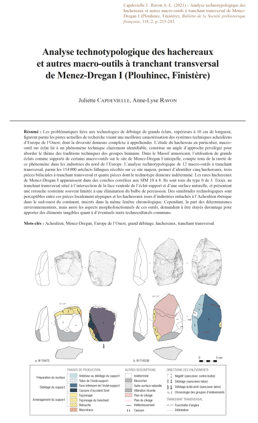 05-2021, tome 118, 2, p. 215-243 - J. CAPDEVIELLE, A.-L. RAVON - Analyse technotypologique des hachereaux et autres macro-outils  tranchant transversal de Menez-Dregan I (Plouhinec, Finistre)