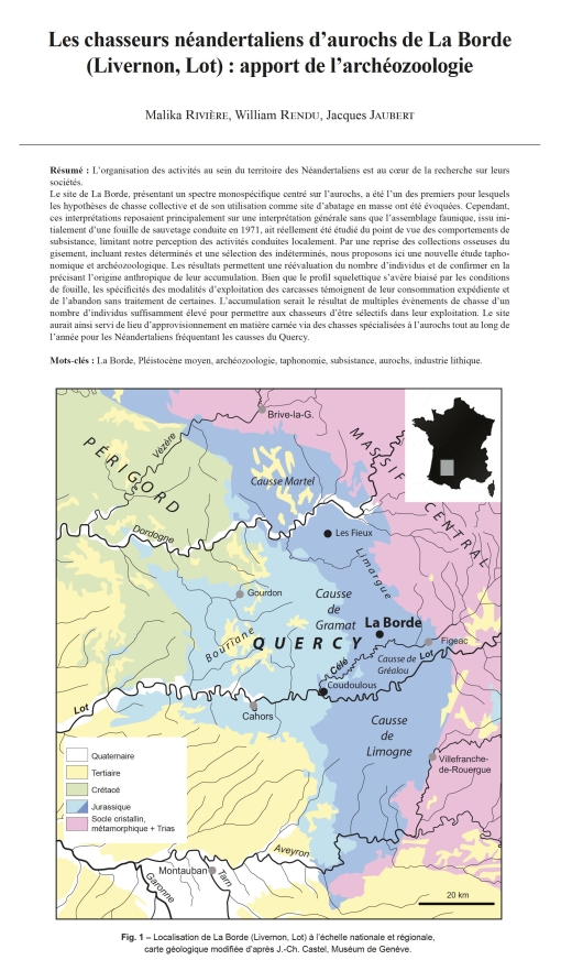 01-2023, tome 120, 1, p. 7-27 - Malika RIVIERE, William RENDU, Jacques JAUBERT - Les chasseurs nandertaliens daurochs de La Borde (Livernon, Lot) : apport de larchozoologie