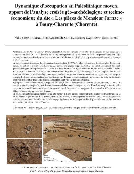 05-2022, tome 119, 2, p,179-211  Connet N., Bertran P., Claud E., Larmignat B., Boitard E. (2022)  Dynamique doccupation au Palolithique moyen, apport de lanalyse croise go-archologique et techno-conomique du site  les pices de Monsieur Jarnac