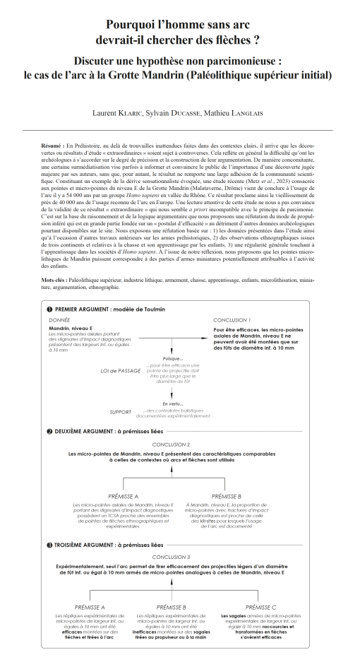 01-2024, tome 121, 1, p.7-34 - Klaric L., Ducasse S., Langlais M. (2024)  Pourquoi lhomme sans arc devrait-il chercher des flches ? Discuter une hypothse non parcimonieuse : le cas de larc  la Grotte Mandrin (Palolithique suprieur initial)