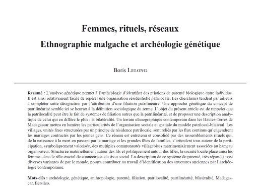 06-2025, tome 122, 2, p. 191-202 - Lelong B. - Femmes, rituels, rseaux : ethnographie malgache et archologie gntique