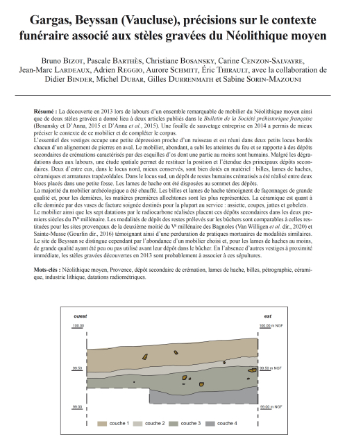 05-2023, tome 120, 2, p. 161-206 - Bizot B., Barths P., Bosansky C., Cenzon-Salvayre C., Lardeaux J.-M., Reggio A., Schmitt A., Thirault E. (2023)  Gargas,Beyssan (Vaucluse), prcisions sur le contexte funraire associ aux stles graves du Nolithique