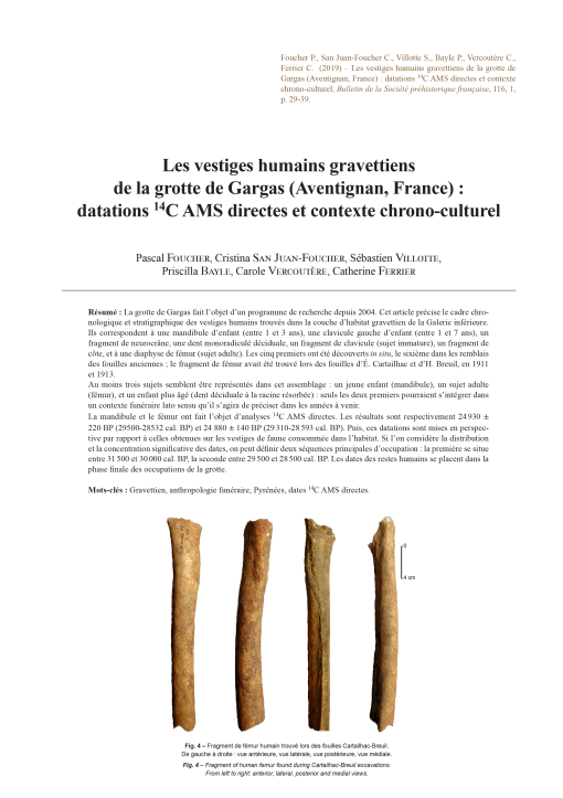 02-2019, tome 116, 1, p. 29-39 - Pascal Foucher, Cristina San Juan-Foucher, Sbastien Villotte, Priscilla Bayle, Carole Vercoutre, Catherine Ferrier - Les vestiges humains gravettiens de la grotte de Gargas (Aventignan, France) : datations 14C AMS