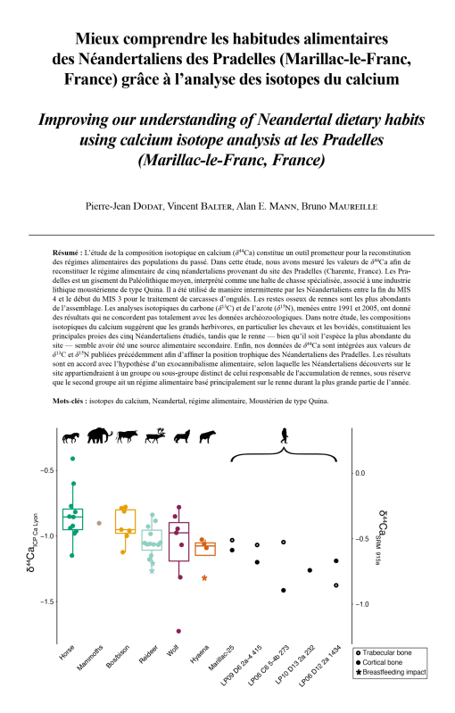 05-2026, tome 123, 2, p.177-201 - Dodat P.-J., Balter V., Mann A.E., Maureille B. (2026) - Mieux comprendre les habitudes alimentaires des N�andertaliens des Pradelles (Marillac-le-Franc, France) gr�ce � l'analyse des isotopes du calcium