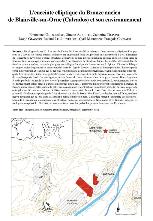 18-2025, tome 122, 4, p, 621-647 - Ghesqui�re E., Auxiette G., Dupont C., Giazzon D., Le Gu�vellou R., Marcigny C., Coupard F. (2025) � L�enceinte elliptique du Bronze ancien de Blainville-sur-Orne (Calvados) et son environnement,