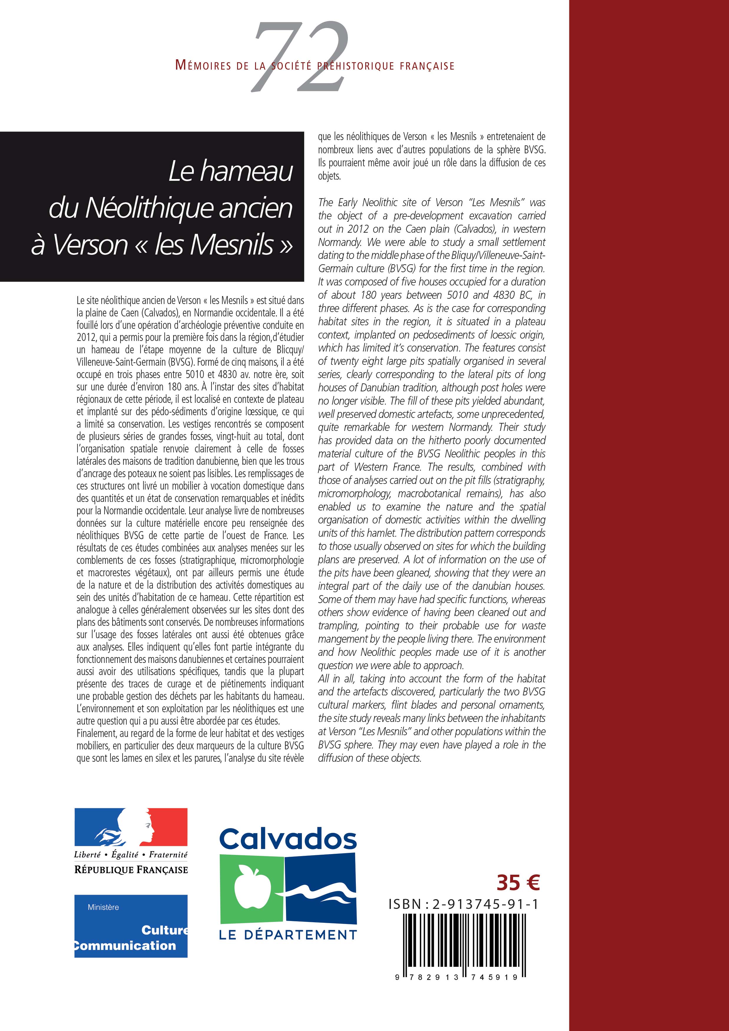 M72 (2023) - Le hameau du Néolithique ancien à Verson les Mesnils sous la  direction de Cécile Germain-Vallée - Société Préhistorique française